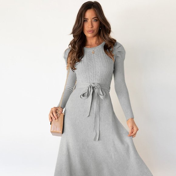 Round Neck Long Sleeve Tie Waist Sweater Dress - Picture 2 of 7